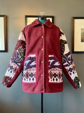 Galloping horses chore coat, reworked woven blanket, ladies' size L-2XL